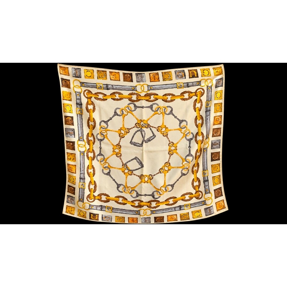 GUCCI Vintage 100% silk 34X34 Yellow Equestrian Themed Scarf